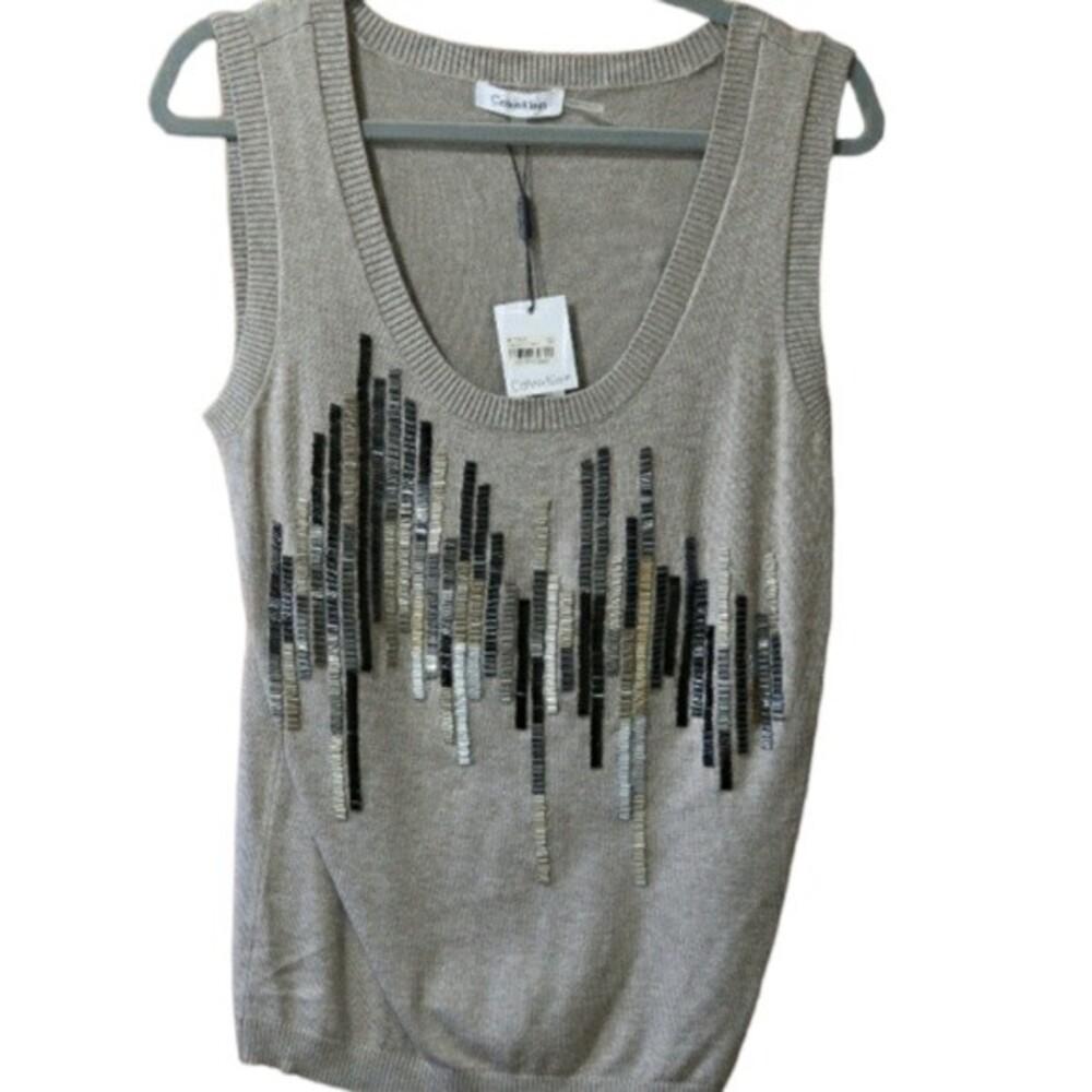 Calvin Klein Silk Blend Beaded Sleeveless Shell Sweater Top Med Mushroom